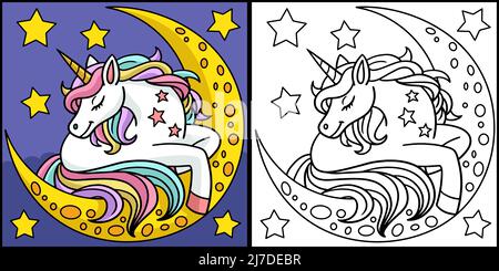 Unicorn Sleeping Over The Moon Illustration Stock Vector