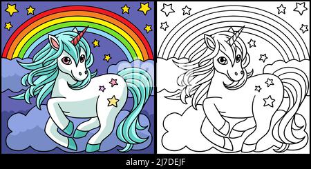 Unicorn Standing Under The Rainbow Coloring Page Stock Vector Image ...