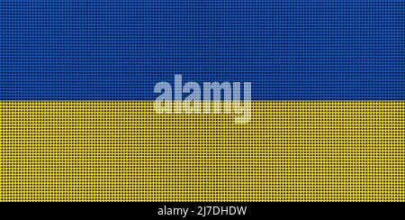 Ukraine flag painted colors on a brushed metal plate close up. Textured banner on a perforated background. Metal background close-up Stock Photo