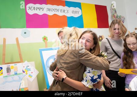 The First Lady of the United States, Dr. Jill Biden, travelled to war torn Ukraine where she met with Ukraine First Lady Olena Zelenska at a school in Uzhhorod. The First Ladies hugged and met students and staff at the school. The school has converted to a temporary shelter for families fleeing the war zone. Stock Photo