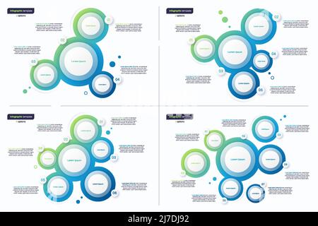 Abstract vector gradient minimalistic infographic templates composed of 4 5 6 7 circles Stock Vector