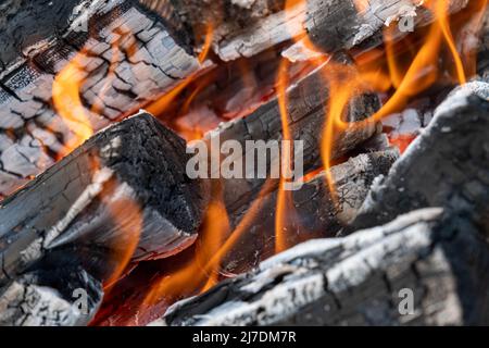 Close up of brightly burning wooden logs with yellow hot flames of fire. Stock Photo