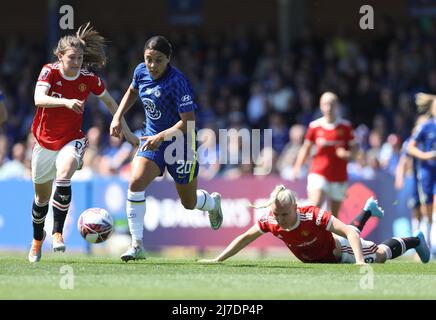 Kington Upon Thames, England, 8th May 2022. Sam Kerr of Chelsea is challenged by Hannah Blundell of Manchester United during the The FA Women's Super League match at Kingsmeadow, Kington Upon Thames. Picture credit should read: Paul Terry / Sportimage Stock Photo