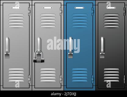 Locker room metal cabinets, row of school or gym lockers, blue and grey luggage storage, vector Stock Vector