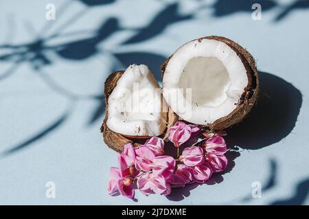 Half a coconut and pieces of coconut on a blue background. Stock Photo