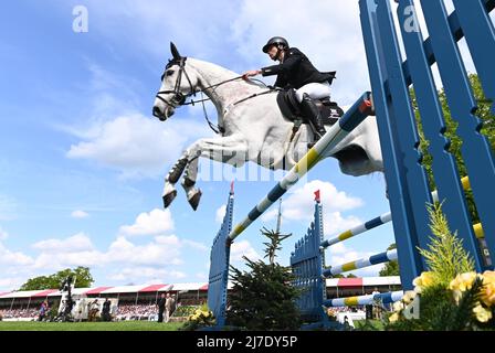 Badminton Estate, Gloucestershire, England; 8th May 2022, 8th May 2022, Badminton Estate, Gloucestershire, England; Mars Equestrian Badminton Horse Trials, day 5;  Christoph Wahler riding CARJATAN S during the show jumping test on day five of the 2022 Badminton Horse Trials Stock Photo