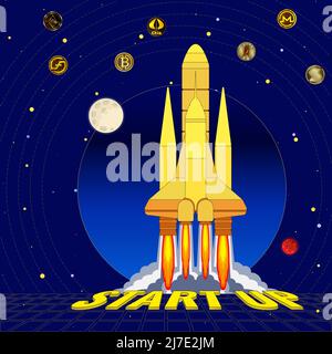 The rocket takes off from the spaceport with the inscription Start up. Color illustration with images of cryptocurrencies and planets. Allegory of a s Stock Vector