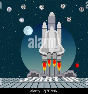 The rocket takes off from the spaceport with the inscription Start up. Color illustration with images of cryptocurrencies and planets. Allegory of a s Stock Vector