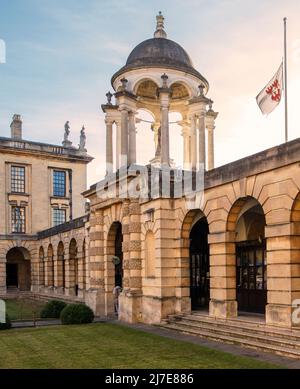 The Queen's College, Oxford; one of the constituent colleges of Oxford University; view of the main gate and cupola from first quad Stock Photo