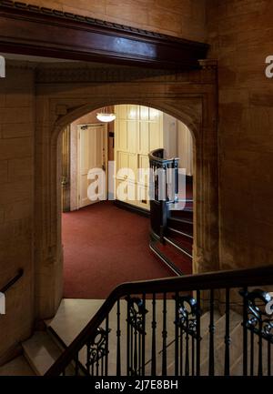 Stairs in The Oxford Union Society, Frewin Court, Oxford, designed by Benjamin Woodward in 1857 Stock Photo