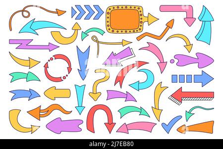 Arrow doodle outline set. Infographic various directions pointer colorful contour collection. Sketch cursor sign. Different shape arrows symbol up, left right down. Isolated vector design element Stock Vector