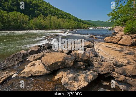 Fast Moving Water on a Mountain River on the New River at Sandstone Falls in West Virginia Stock Photo