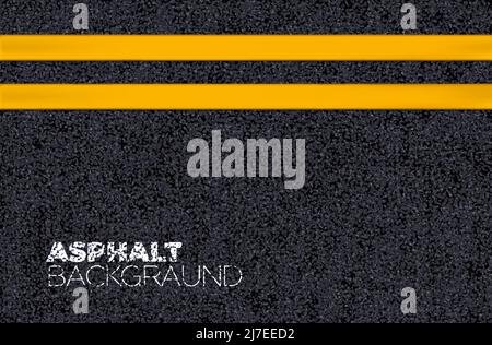 Asphalt road texture background of black tarmac surface with double solid yellow marking lines. Vector grunge pavement of street road, highway or roadway, pattern of asphalt concrete, bitumen Stock Vector