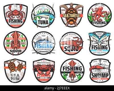Fishing sport vector badges with isolated icons of fish, seafood, fisherman tackle, fishing boats and net. Tuna, marlin, crab and squid, shrimp, octopus, sea turtles and prawn, fisherman club emblem Stock Vector