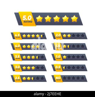 Five golden star review rate, customer feedback evaluation of service or product quality. 5 star and no rating statuses isolated vector bars of vote ranking scale, customer review rank or star rating Stock Vector