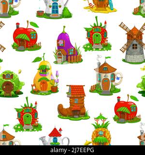 Cartoon fairytale houses and dwellings seamless pattern. Vector fantasy background with cherry, eggplant, pear, boot and strawberry, teapot, cup, windmill or pineapple and cabbage cute fairy buildings Stock Vector