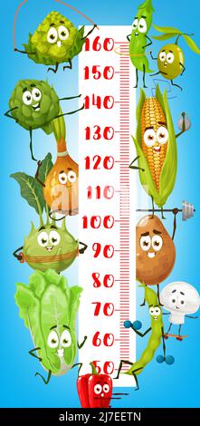 Cartoon farm vegetable characters doing fitness on child growth chart. Kids height meter or growth measure vector ruler with funny corn, salad and artichoke, bean, turnip and corn doing exercises Stock Vector