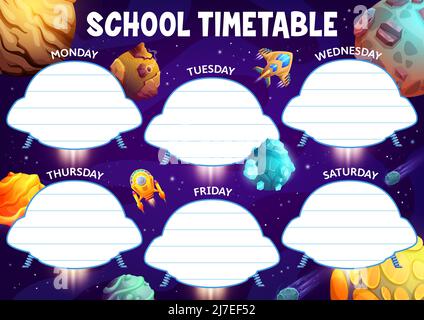 Education timetable schedule with ufo, spacecraft and starship in galaxy space. Vector school lessons organizer with cartoon planets, starships, rockets and alien engines. Kids timetable planner Stock Vector