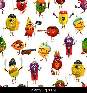 Cartoon fruit pirates and corsairs characters seamless pattern, vector background. Funny tropical fruits pirates, durian, grape and lychee with plum in captain hat and pirate Jolly Rroger flag Stock Vector