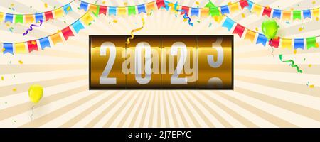 New 2023 eve. Countdown loading numbers 2023. New year banner with serpentine, colored flags and flying balloons. Stock Vector