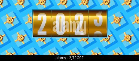 New 2023 eve. Golden mechanical countdown clock with numbers 2023. Stock Vector