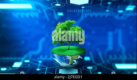 Tree on half of earth and green grass with Abstract background. Technology Convergence, Environment Technology, Green Computing, Green Technology, IT Stock Photo