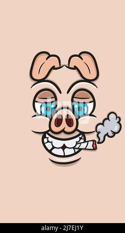 Cartoon Funny Pig Face and Smoking For Background and Wallpaper. Clip Art Vector. Vector and Illustration Stock Vector