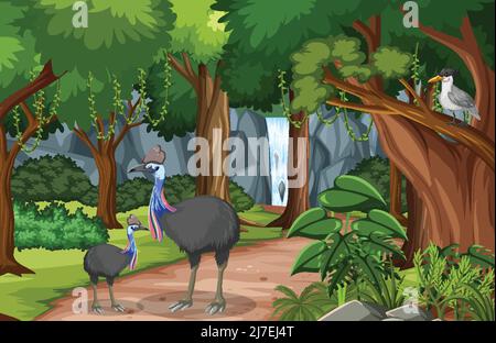 Forest scene with various wild animals illustration Stock Vector
