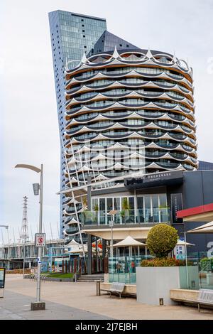 Skyscrapers in Docklands area of Melbourne, Victoria, Australia on Friday, April 15, 2022.Photo: David Rowland / One-Image.com Stock Photo