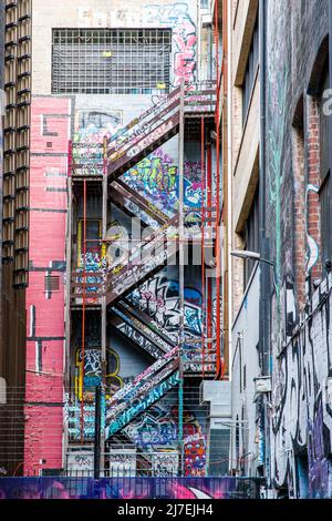 Graffiti and street art on a staircase in Rutledge Lane, Melbourne, Victoria, Australia on Friday, April 15, 2022.Photo: David Rowland / One-Image.com Stock Photo