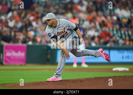 Houston Tx. 08/05/2022, May 8 2022: Detroit pitcher Joe Jimenez (77) throws a pitch during the game with Detroit Tigers and Houston Astros held at Minute Maid Park in Houston Tx. David Seelig/Cal Sport Medi Stock Photo