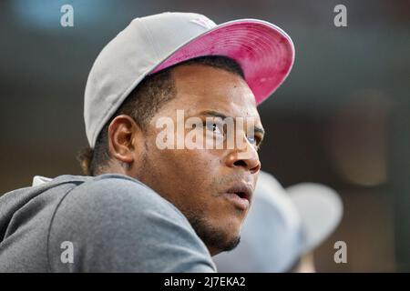Houston Tx. 08/05/2022, May 8 2022: Houston pitcher Frambler Valdez (59) watches the action during the game with Detroit Tigers and Houston Astros held at Minute Maid Park in Houston Tx. David Seelig/Cal Sport Medi Stock Photo