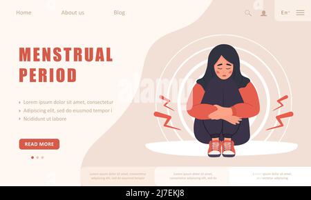 Menstrual period. Landing page template. Sad arab woman with abdominal cramps or pms symptoms. Female critical day problems. Vector illustration in Stock Vector