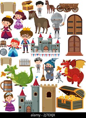 Medieval characters buildings set illustration Stock Vector