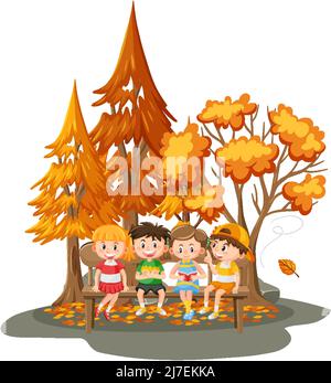 Children sitting on a wooden bench illustration Stock Vector