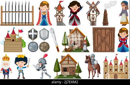 Medieval characters buildings set illustration Stock Vector