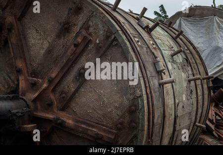 Details of Antique old large wooden barrels for the tanning of cattle leather was left to deteriorate over time. The barrels are made of hardwood. Sel Stock Photo