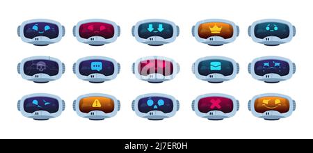 Chat bot face. Cartoon robot head display different emotion, chatbot with artificial intelligence communication concept. Vector set Stock Vector