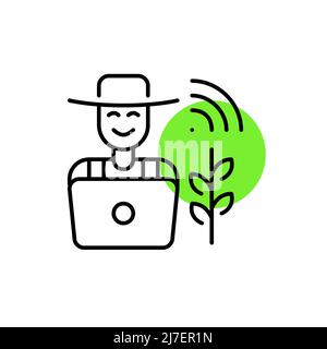 Farmer at a laptop using remote control smart technologies. Pixel perfect, editable stroke icons Stock Vector