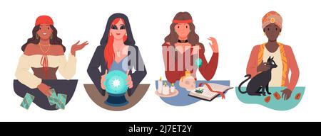 Fortune tellers predict future set, clairvoyant telling destiny in crystal ball, tarot Stock Vector