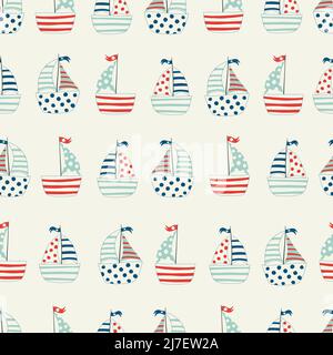 Vector color seamless repeating childish simple pattern with cute ships in Scandinavian style. Children's pattern with ships. Sea print Stock Vector