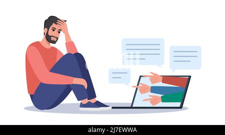 Cyber bullying. Depressed man sitting on the floor, hands with index fingers pointing at him. Opinion and the pressure of society. Shame. Vector illus Stock Vector