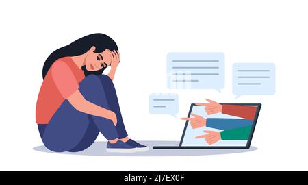 Cyber bullying. Depressed woman sitting on the floor, hands with index fingers pointing at her. Opinion and the pressure of society. Shame. Vector ill Stock Vector