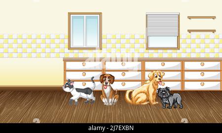 Set of different domestic animals in kitchen illustration Stock Vector