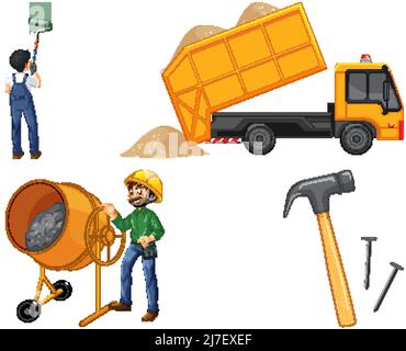 Set of construction site objects and workers illustration Stock Vector