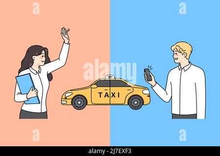Diverse people order taxi in various ways. Man call cab on cellphone app, woman catch car on street. Private transportation concept. City traffic. Flat vector illustration.  Stock Vector