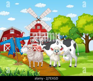 Farming theme with many animals illustration Stock Vector
