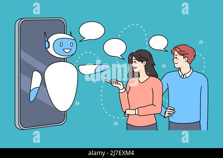 People talk to robotics online support on smartphone. Client use chatbot or humanoid robot internet service on cell. AI and engineering. Artificial intelligence and technology. Vector illustration.  Stock Vector