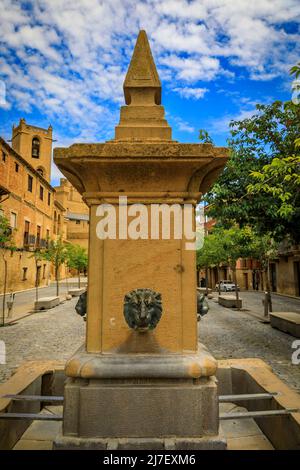 Medieval stone drinking fountain with a lion head on Plaza Carlos III El Noble town square near the magnificent Royal Palace castle in Olite, Spain Stock Photo