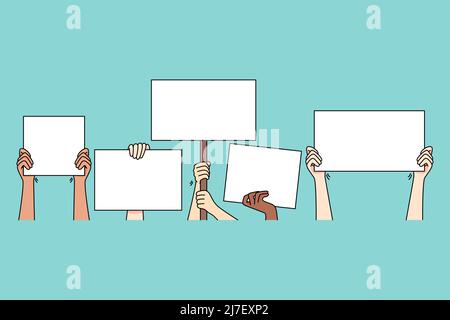Hand of people holding banners on protest or demonstration. Activists with signs fight for equality and freedom. Mockup empty copy space. Protesters on streets. Vector illustration. Stock Vector